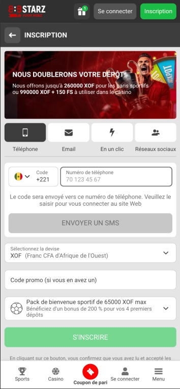 Page d'inscription à 888starz